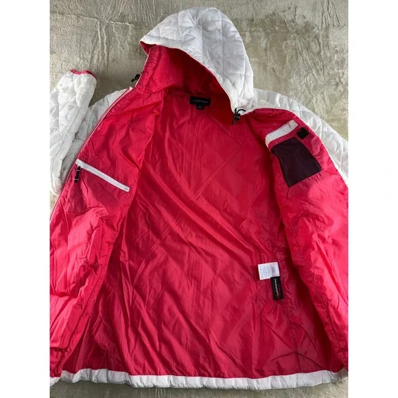 Lands End Womens White Quilted PrimaLoft Hooded Puffer Jacket Pink Lining Size M - Picture 3 of 17